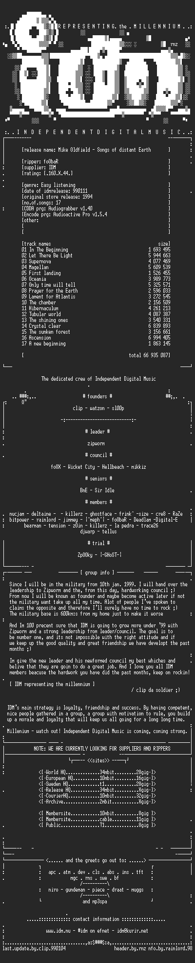 NFO file for Mike_Oldfield_-_Songs_Of_Distant_Earth_(1994)-IDM