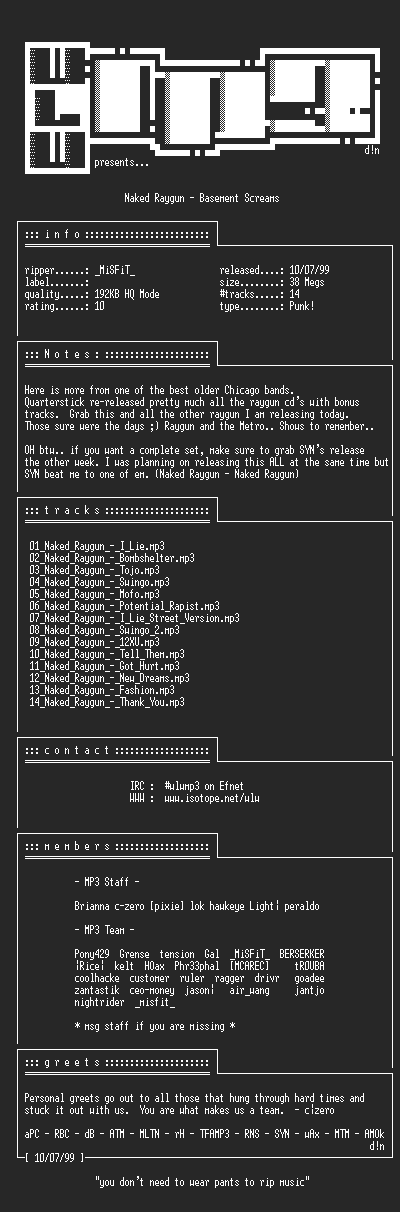 NFO file for Naked_Raygun-Basement_Screams_1999-WLWmp3