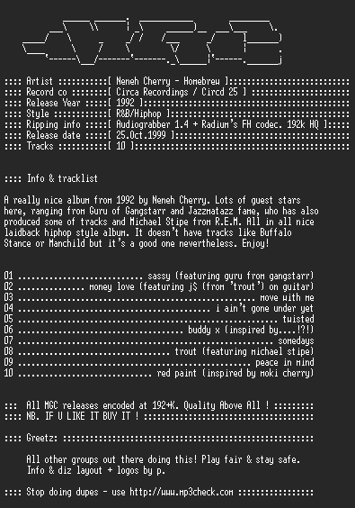 NFO file for Neneh_cherry_-_homebrew_(1992)-MGC