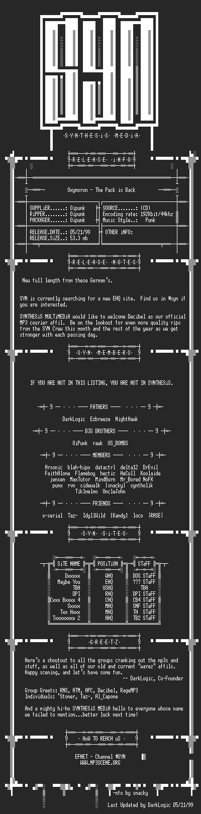 NFO file for Oxymoron_-_The_Pack_is_Back-1999-SYN