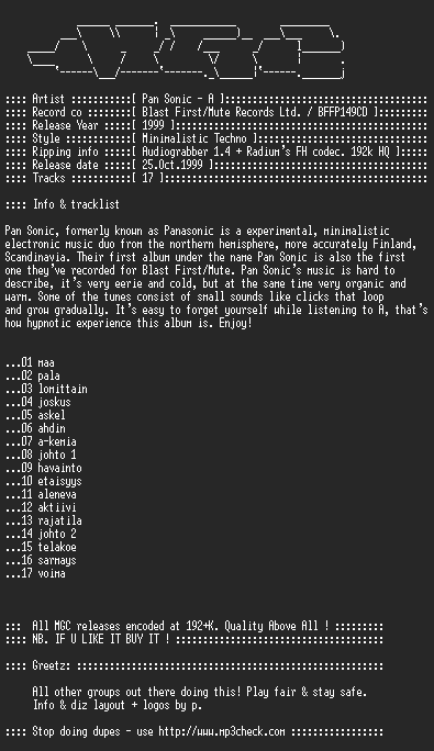 NFO file for Pan_sonic_-_a_(1999)-MGC