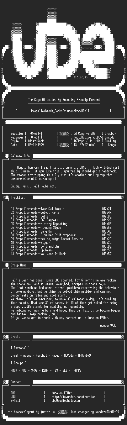 NFO file for Propellerheads_-_Decks_And_Drums_And_Rock_N_Roll_(1998)-UBE