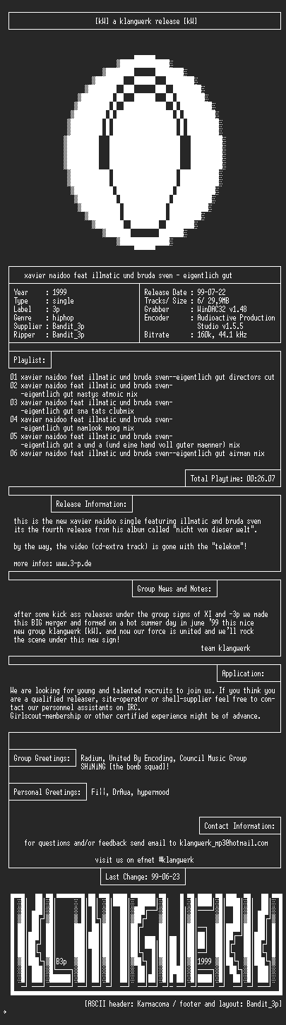 NFO file for Xavier_naidoo_feat_illmatic_und_bruda_sven--eigentlich_gut-1999-kW