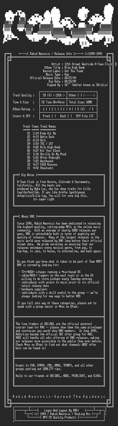 NFO file for 12th_Street_Westside_A-Town_Click-Mile_High_Bomb-1999-RNS