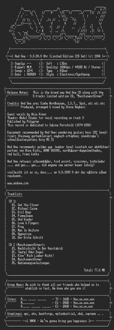 NFO file for And_One-9.9.99.9_Uhr_(Limited_Edition_2CD_Set)-AMOK