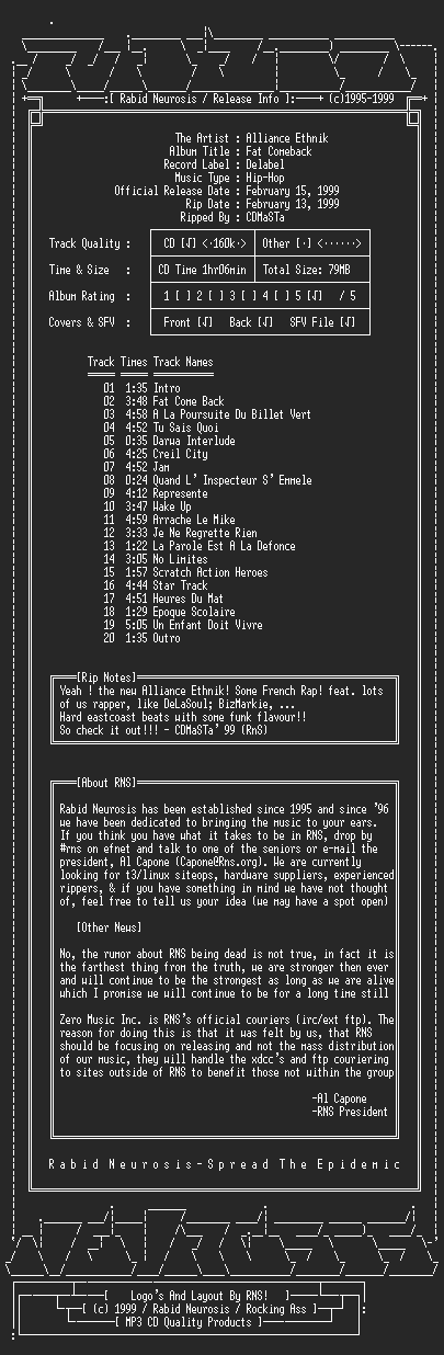 NFO file for Alliance_Ethnik-Fat_Comeback-1999-RNS