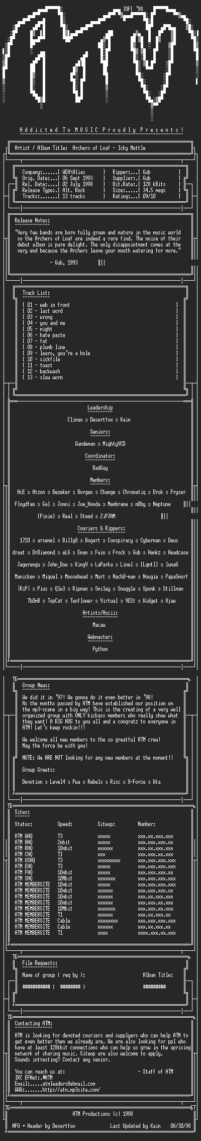 NFO file for Archers_of_Loaf_-_Icky_Mettle_(1993)_-_ATM