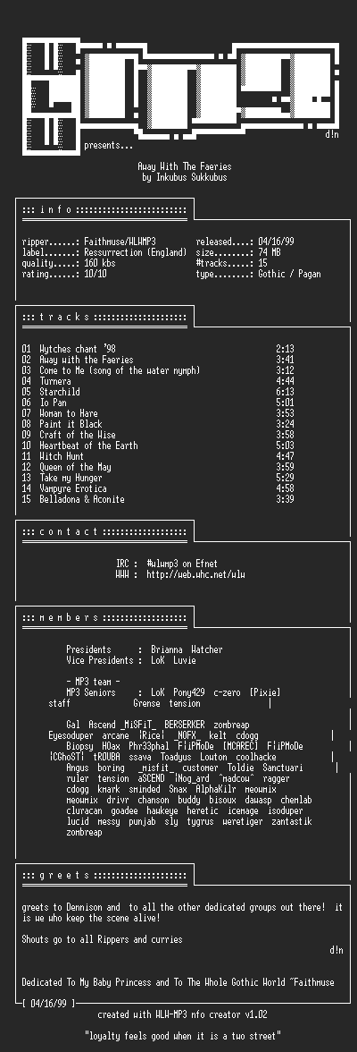 NFO file for Inkubus_Sukkubus-Away_With_The_Faeries-1998-WLW