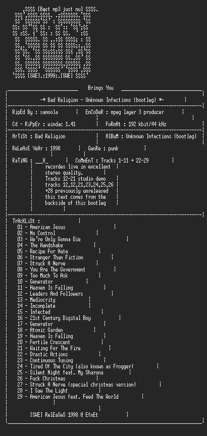 NFO file for Bad_Religion_-_Unknown_Infections_(Bootleg)-SWE