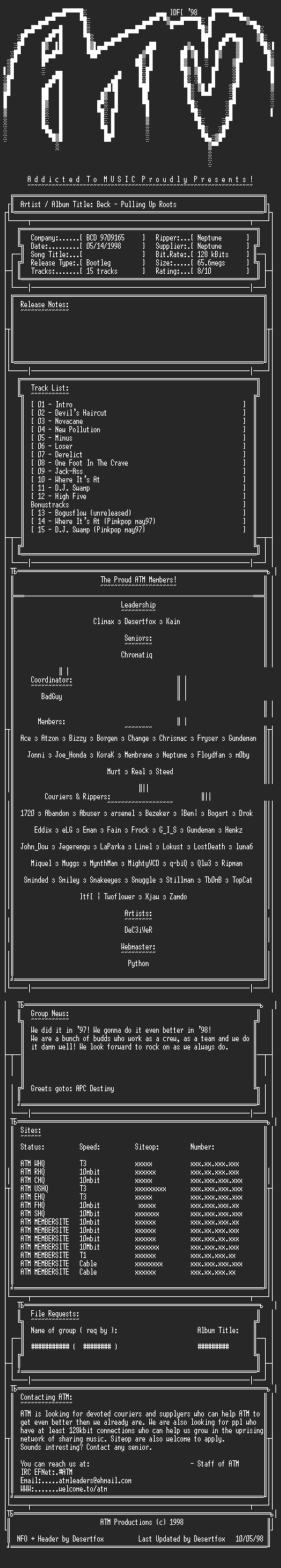 NFO file for Beck_-_Pulling_Up_Roots_(1997)_-_ATM