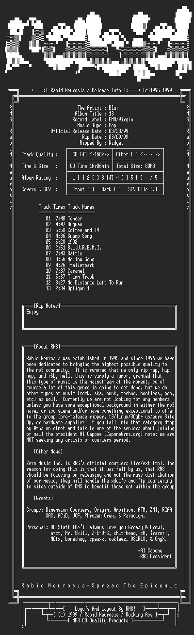 NFO file for Blur-13-1999-RNS