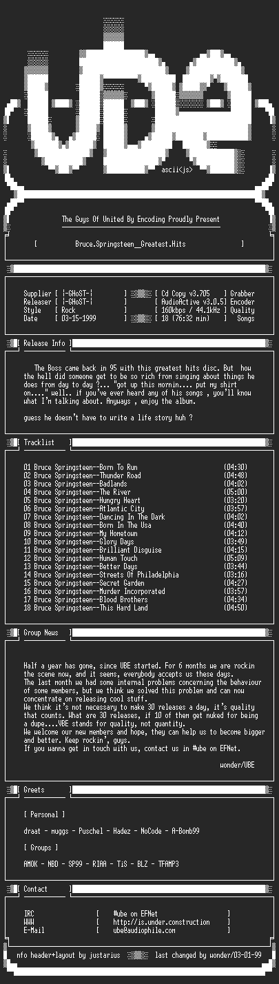 NFO file for Bruce.Springsteen--Greatest.Hits-1995-UBE