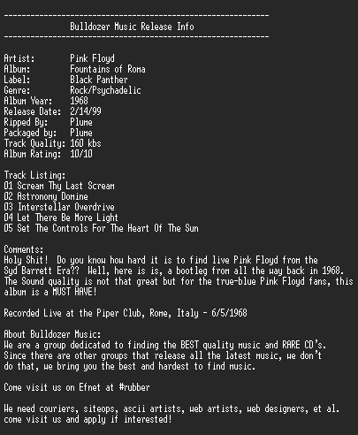 NFO file for Pink_Floyd-Fountains_Of_Roma-(bootleg)-Bulldozer
