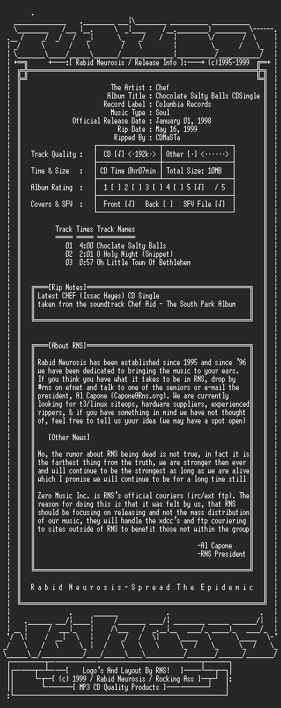 NFO file for Chef-Chocolate_Salty_Balls_(CD_Single)-1998-RNS