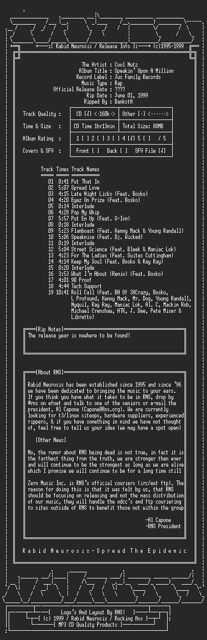 NFO file for Cool_Nutz-Speakin_Upon_A_Million-1999-RNS