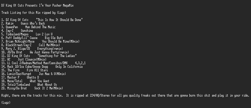 NFO file for DJ_King_Of_Cuts-I'm_Your_Pusher_MegaMix-RNS