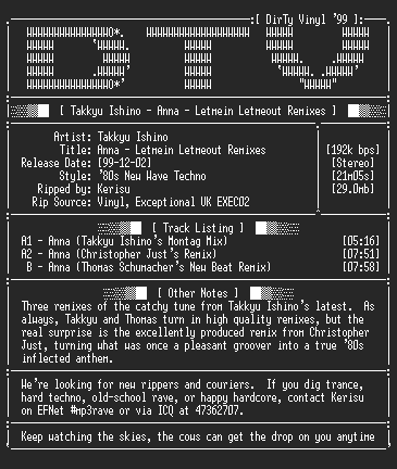 NFO file for Takkyu_Ishino_-_Anna_-_Letmein_Letmeout_Remixes-1999-DTV