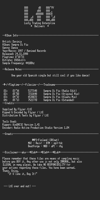 NFO file for Davinia_-_Sempre_Di_Piu_(Single)_(192k)_-_LtE