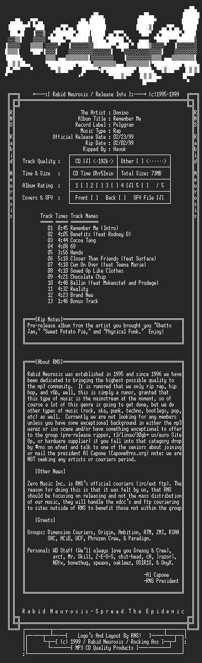 NFO file for Domino-Remember_Me-1999-RNS