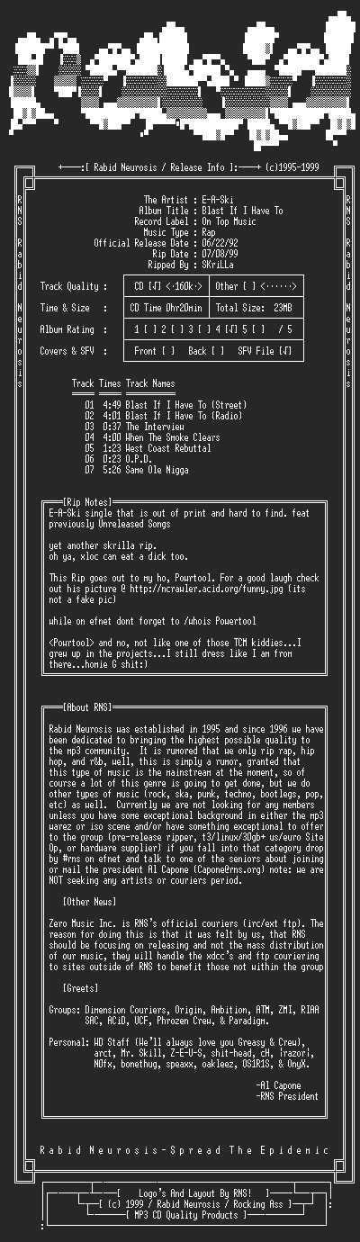 NFO file for E-A-Ski-Blast_If_I_Have_To-1995-RNS