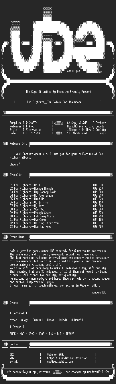 NFO file for Foo.Fighters--The.Colour.And.The.Shape-1997-UBE