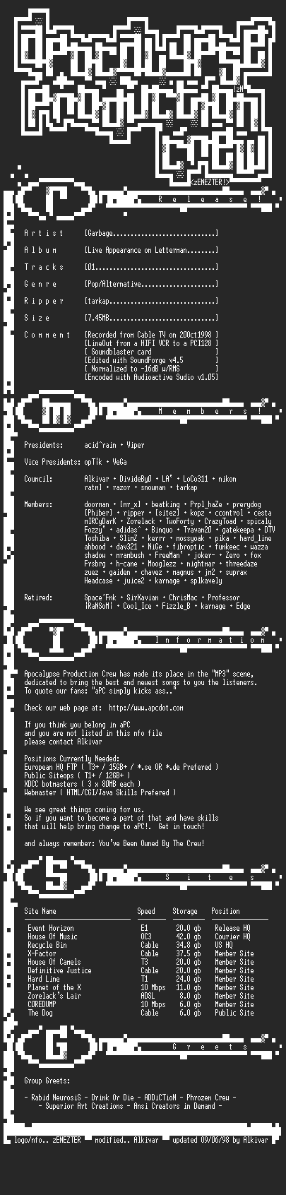 NFO file for Garbage-live_appearance_on_letterman-apc-tarkap