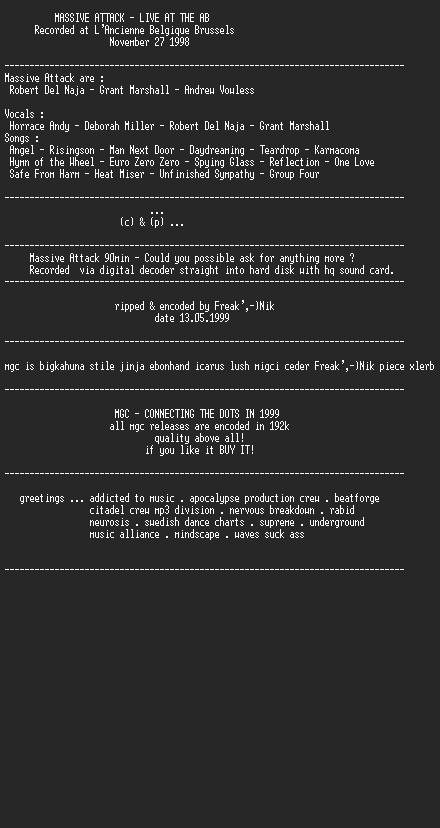NFO file for Massive_Attack_-_Live_At_The_AB_1998-MGC