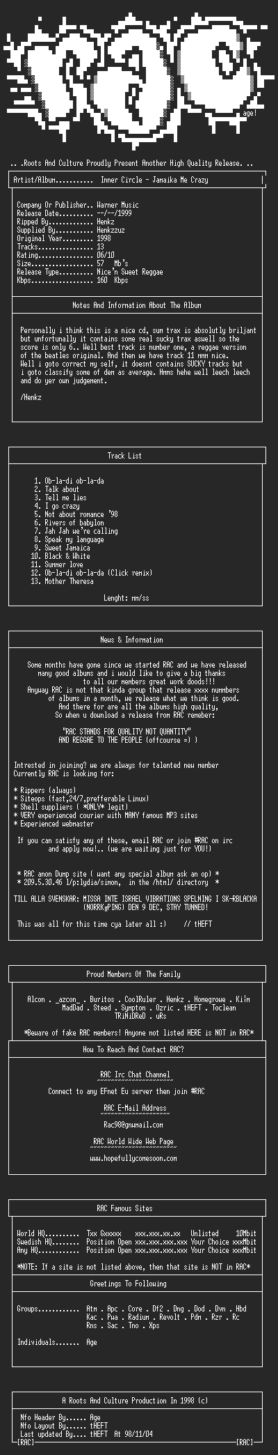 NFO file for Inner_Circle_-_Jamaika_Me_Crazy_(1998)_-_RAC