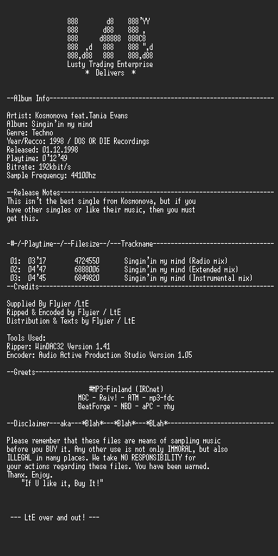 NFO file for Kosmonova_-_Singin'_In_My_Mind_(Single)_(192k)_-_LtE