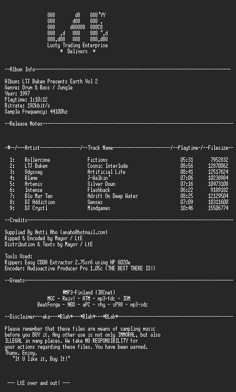 NFO file for LTJ_Bukem_Presents_-_Earth_Vol_2_(192k)_-_LtE