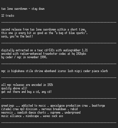 NFO file for Two_Lone_Swordsmen_-_Stay_Down-MGC