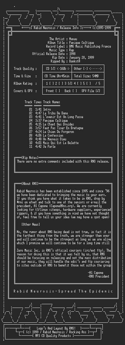 NFO file for Manau-Panique_Celtique-1998-RNS