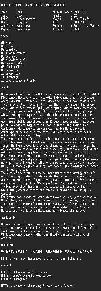 NFO file for Massive.attack--mezzanine.(japanese.version)-1998-kW