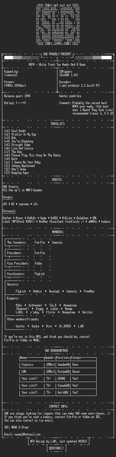 NFO file for NOFX-White_Trash,_Two_Heebs_And_A_Bean-SWE