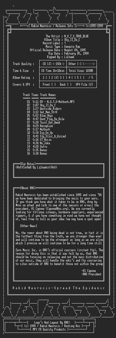 NFO file for N_O_T_S_TRUE_BLUE-Sky_II_Da_C-1995-RNS