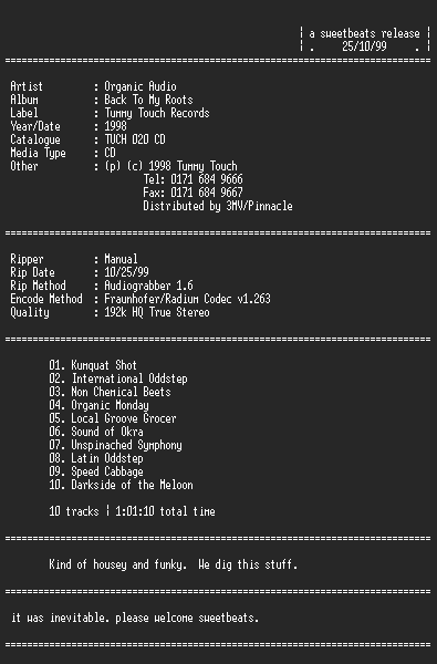 NFO file for Organic_Audio--Back_To_My_Roots-1998-sb