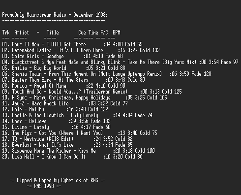 NFO file for PromoOnly-Mainstream_Radio-December_1998-RNS