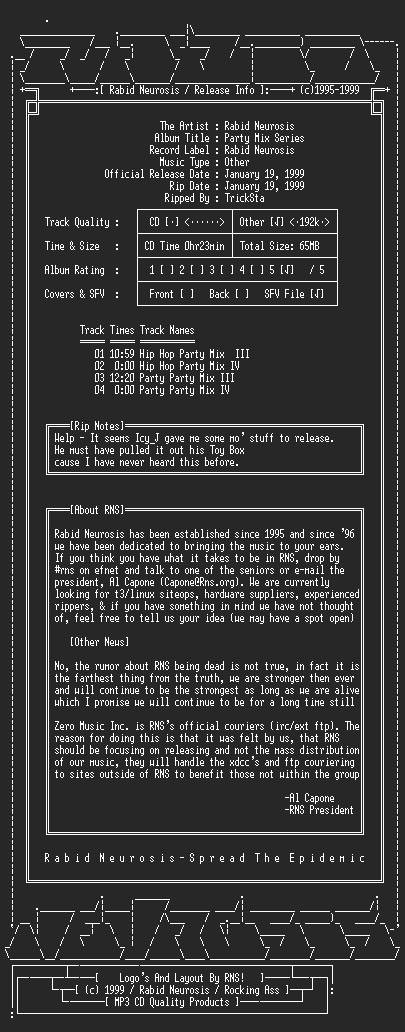 NFO file for Rabid_Neurosis-Party_Mix_Series-1999-RNS