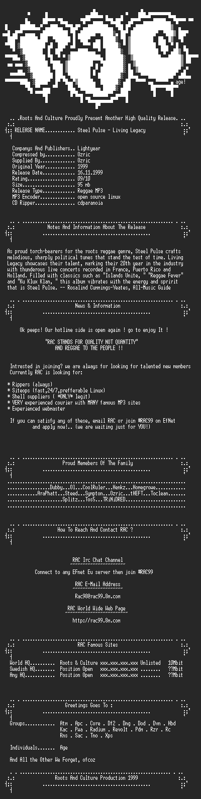NFO file for Steel_Pulse--Living_Legacy-(1999)-RAC99