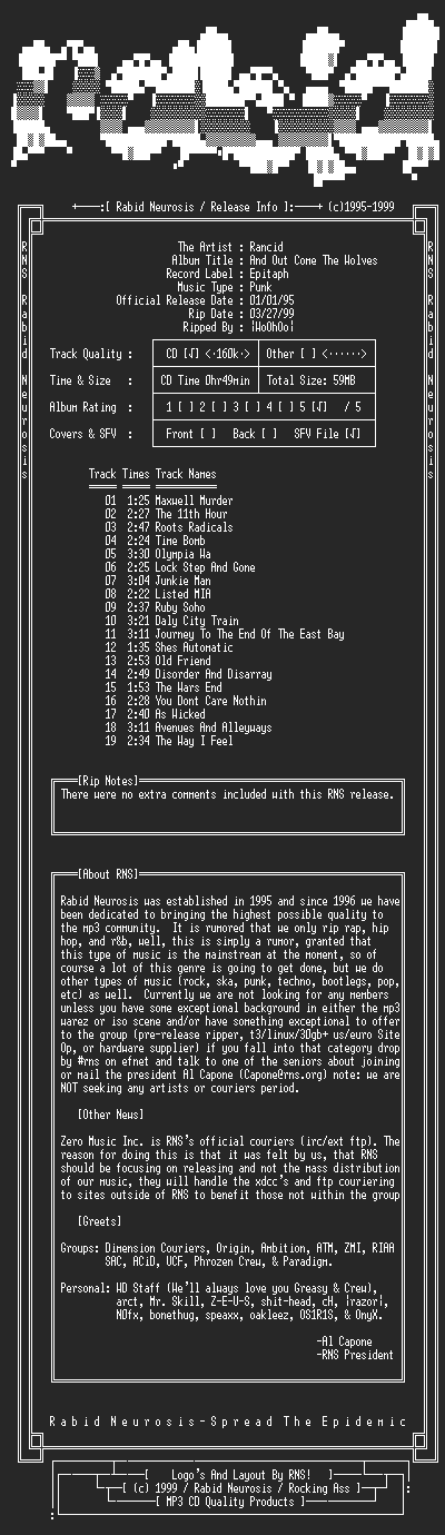 NFO file for Rancid-And_Out_Come_The_Wolves-1995-RNS