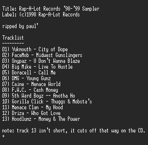 NFO file for Rap-A-Lot_Records-'98-'99_Sampler-RNS