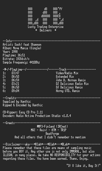 NFO file for Sash!_feat_Shannon_-_Move_Mania_(Single)_(192k)_-_LtE