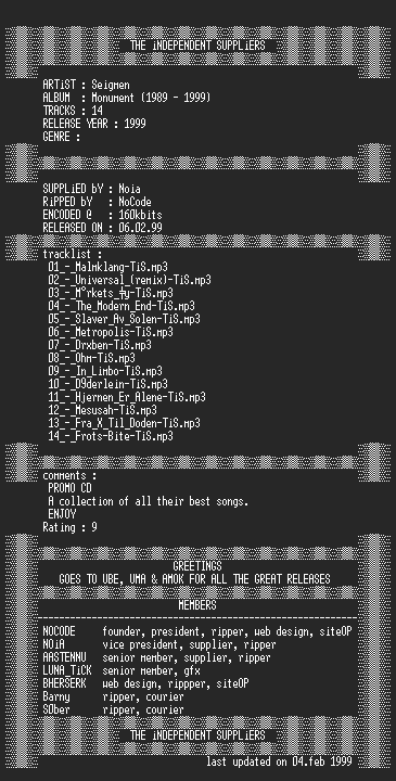 NFO file for Seigmen_-_Monument_(1989-1999)-PROMO-TiS