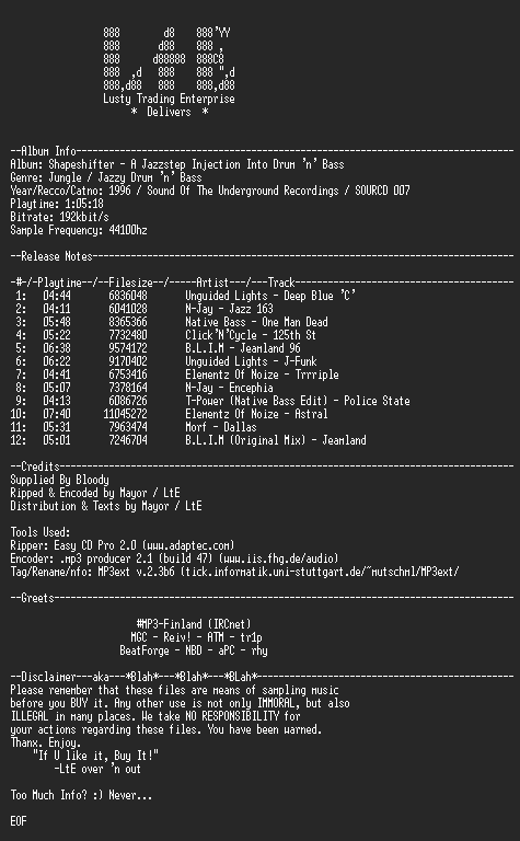 NFO file for Shapeshifter-A_Jazzstep_Injection_Into_Drum_n_Bass_-_LtE