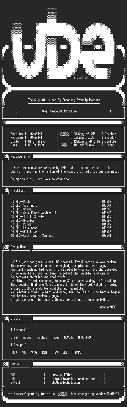 NFO file for Sky--Piece.Of.Paradise-1999-UBE