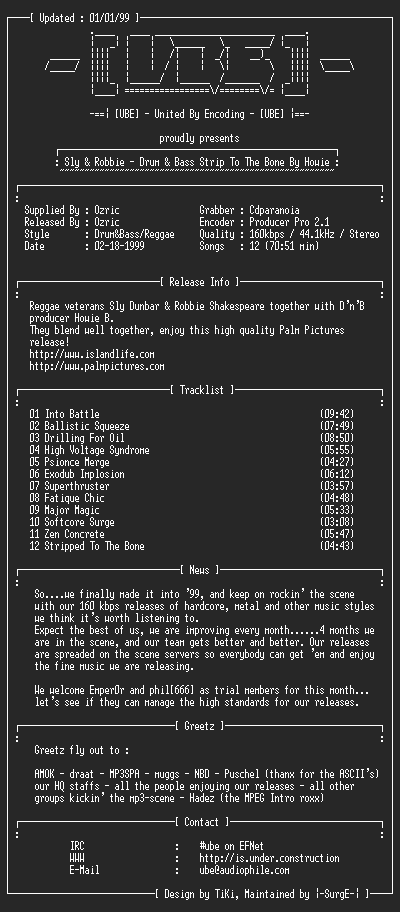 NFO file for Sly.And.Robbie--Drum.And.Bass.Strip.To.The.Bone.By.Howie.B-1999-UBE