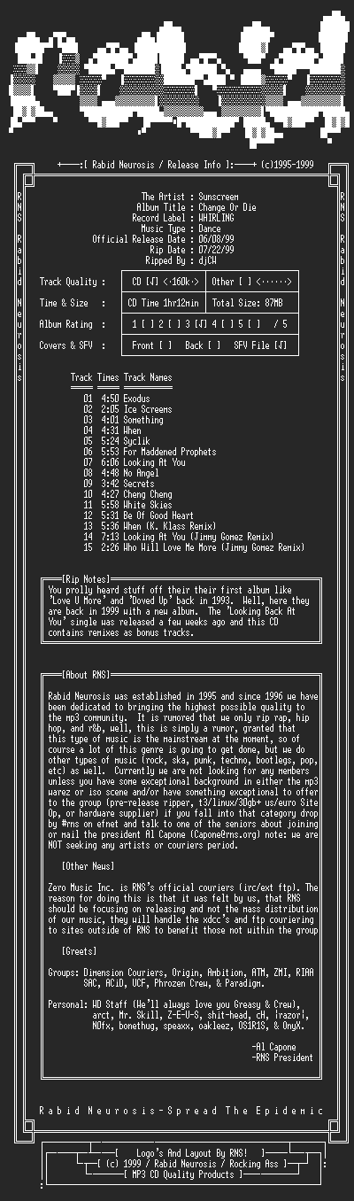 NFO file for Sunscreem-Change_Or_Die-1999-RNS