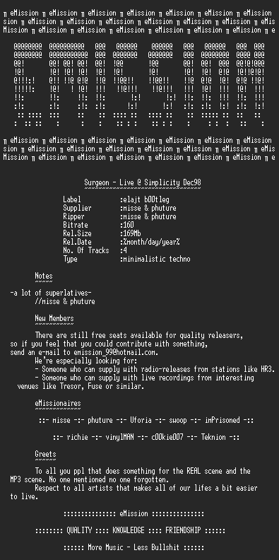 NFO file for Surgeon_-_Live_@ Simplicity_Dec98_(eMission)