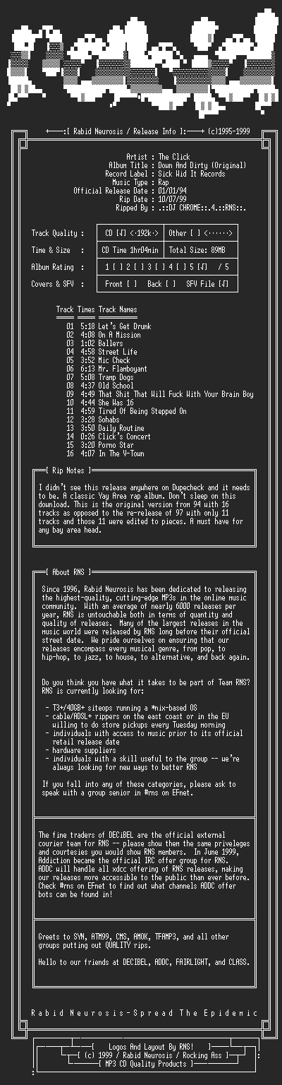 NFO file for The_Click-Down_And_Dirty_(Original)-1999-RNS