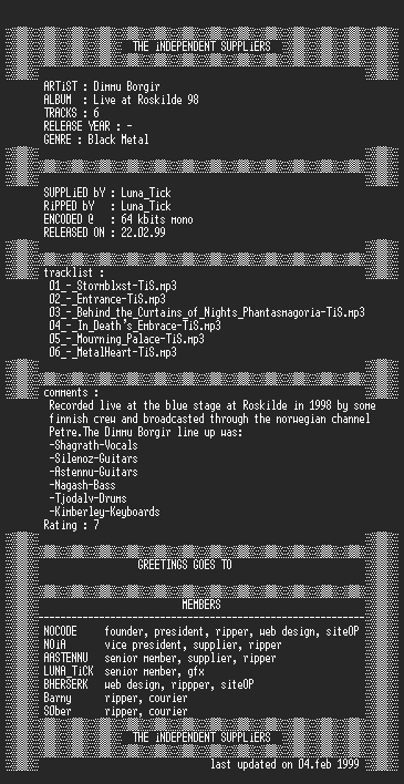 NFO file for Dimmu_Borgir_-_Live_at_Roskilde_98-TiS